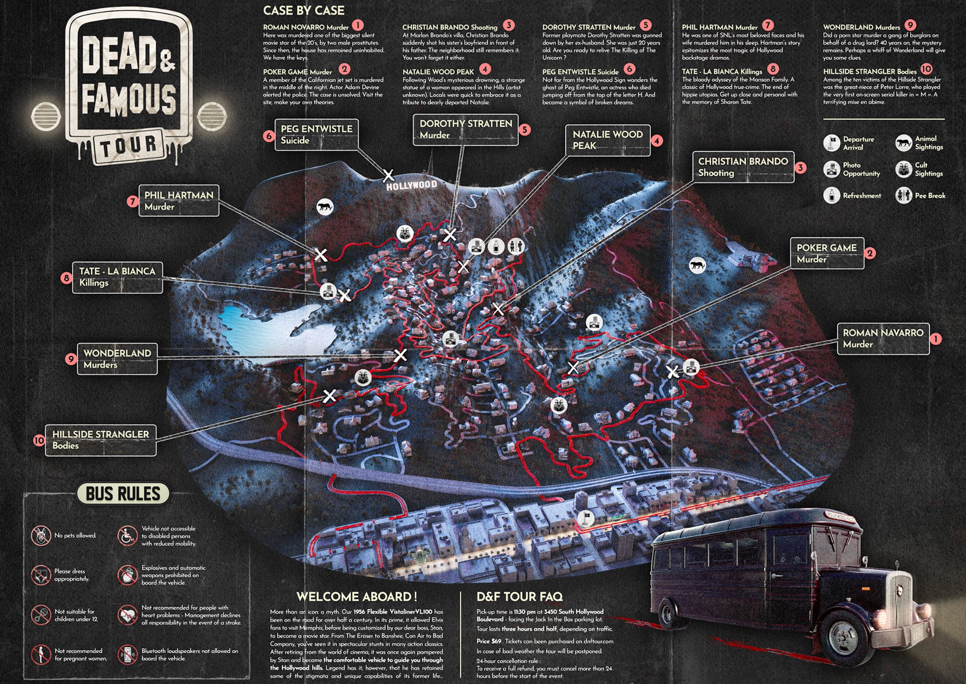 The Dead & Famous tour map of Los Angeles, routed through the hills