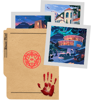 A case folder marked with a sigil and a bloody handprint